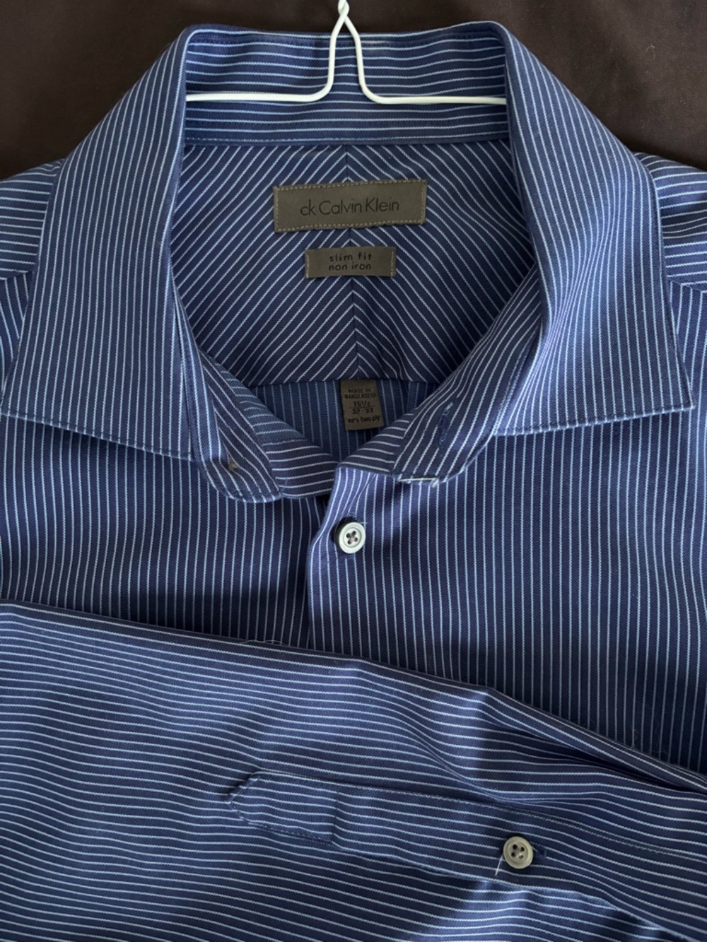15.5 Calvin Klein Men's Dress Shirt - Navy Blue with White Pinstripes
